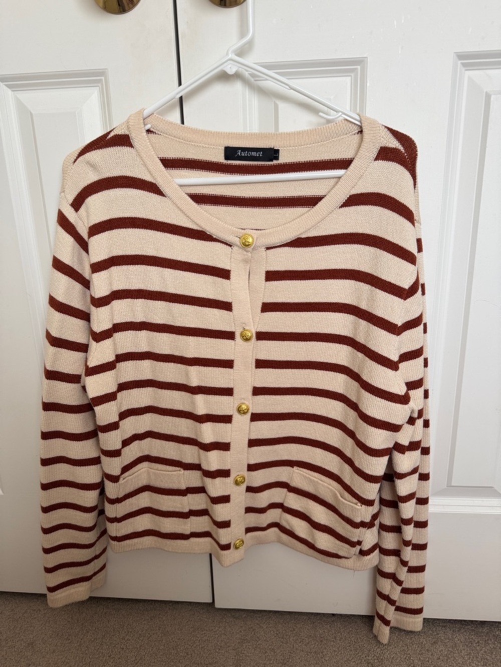 Striped Crewneck Cardigan in Cream & Brown with Gold Buttons